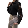 thumbnail image 4 of Summer Women’s Casual Long Sleeve Hollow Patchwork Shirt Fashion Solid Color Lace Stitching Lapel Button Blouse Tops, 4 of 7