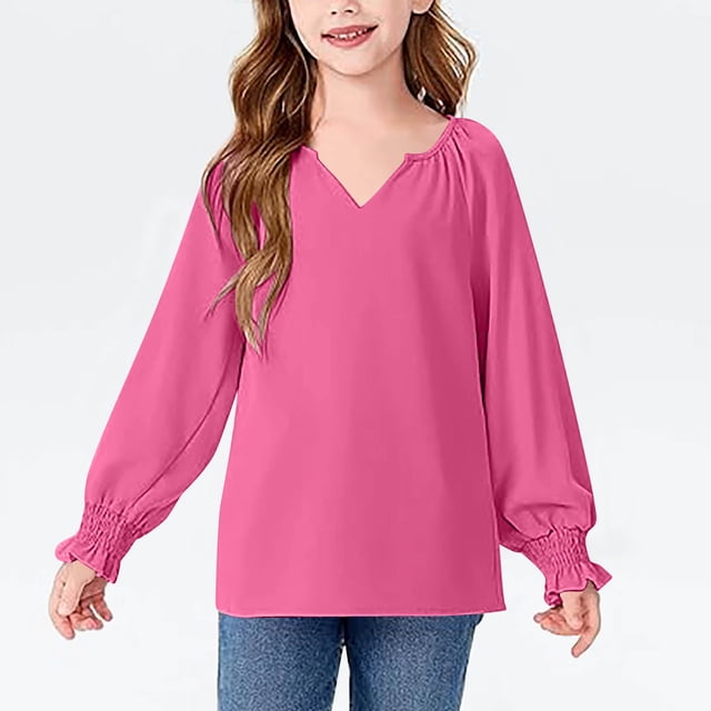 Cowsor Girls' Puff Sleeve V-Neck Top – Solid Color, Loose & Stylish (6-16Y)