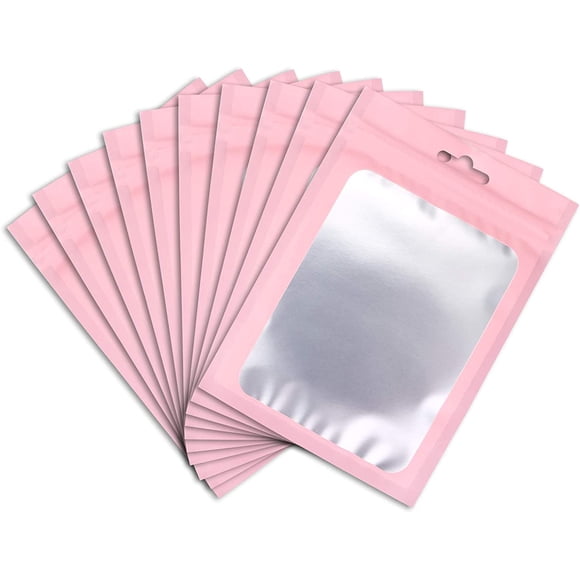 LAICAIW 100 Pieces Mylar Bags, Resealable Smell Proof Bags with Zipper Lock and Clear Window, Aluminum Foil Pouch Bag for Candy Packaging |Flat|Cute| (Pink, 4×5.78 inches)