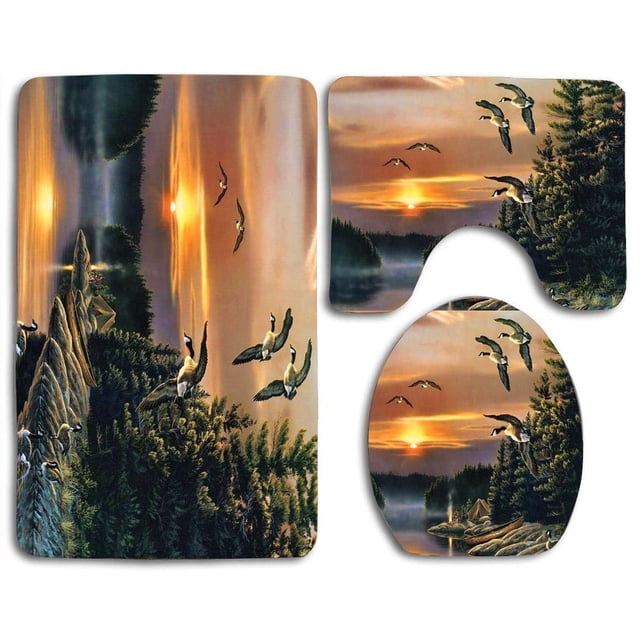 Juego de alfombras de baño ABPHQTO 3 piezas Madera Camping Lago Patos Atardecer