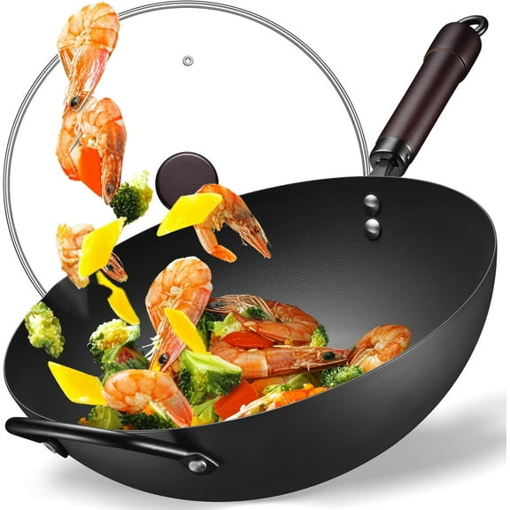 13 Inch carbon steel woks & stir-fry pans nonstick, Pre-Seasoned 5.8QT Flat Bottom Chinese Wok Pan with lid, Carbon Steel Cookware, Compatible with All Cooktops