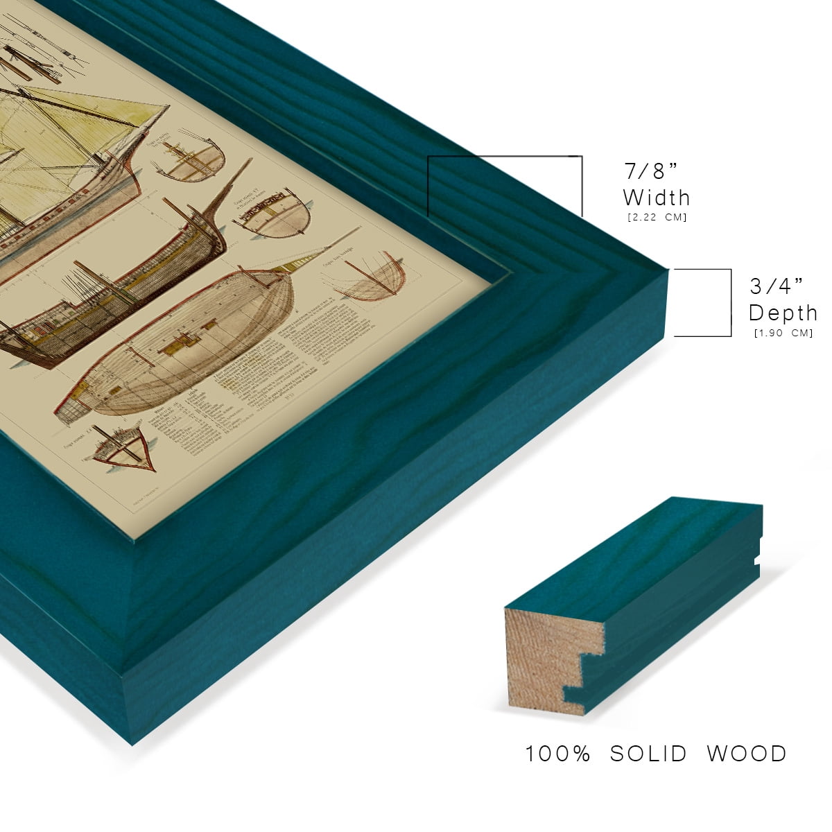 Antique Ship Plan II -Framed Print w/glass-Ocean Blue