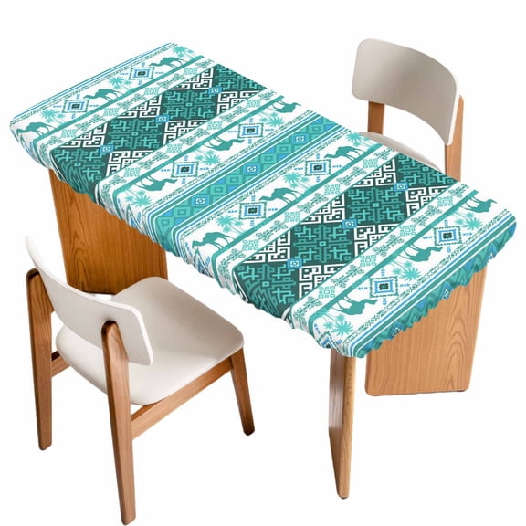 Turquoise Boho Table Cloths for 3 Foot Rectangle Tables, Southwest Aztec Tropical Tree Animals Motifs Patio Waterproof Elastic Fitted Tablecloths, Washable Rectangular Table Cover for Camping
