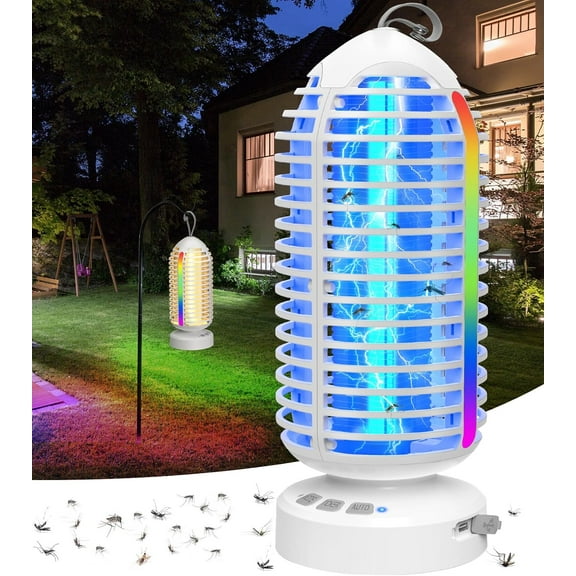 Bug Zapper Outdoor with Colorful Lighting and Auto-Sensing, 3 in 1 Cordless 4000mAh Battery Electric Fly Trap, Rechargeable Mosquito for Camping, Patios, Garden, Kitchen (1Pack-White)