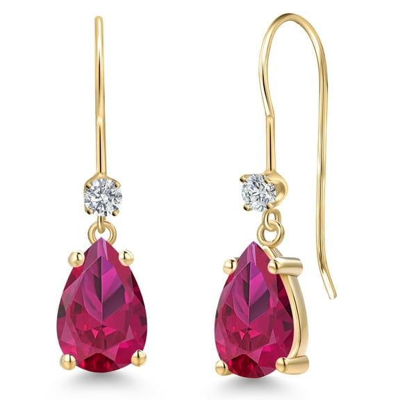 Gem Stone King 14K Yellow Gold Red Created Ruby and Lab Grown Diamond Earrings for Women | 3.03 Cttw | Gemstone July Birthstone | Pear Shape 9X6MM