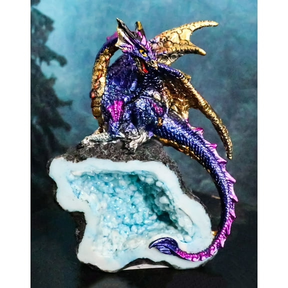 Azure Blue Iridescent Dragon On Faux Geode Rock Quartz Crystal Cove Figurine 5"H