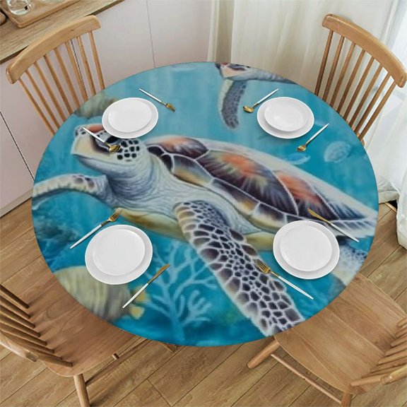Coastal Turtle Round Tablecloth Fitted Table Cover, Elastic Tablecloths Waterproof Outdoor Indoor Stretch Cloth