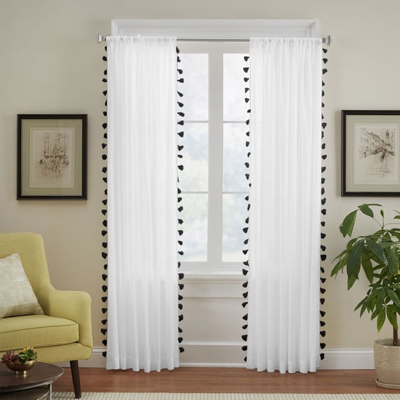Elrene Home Fashions Bianca Semi-Sheer Window Curtain with Tassels, Black, 52" x 84"