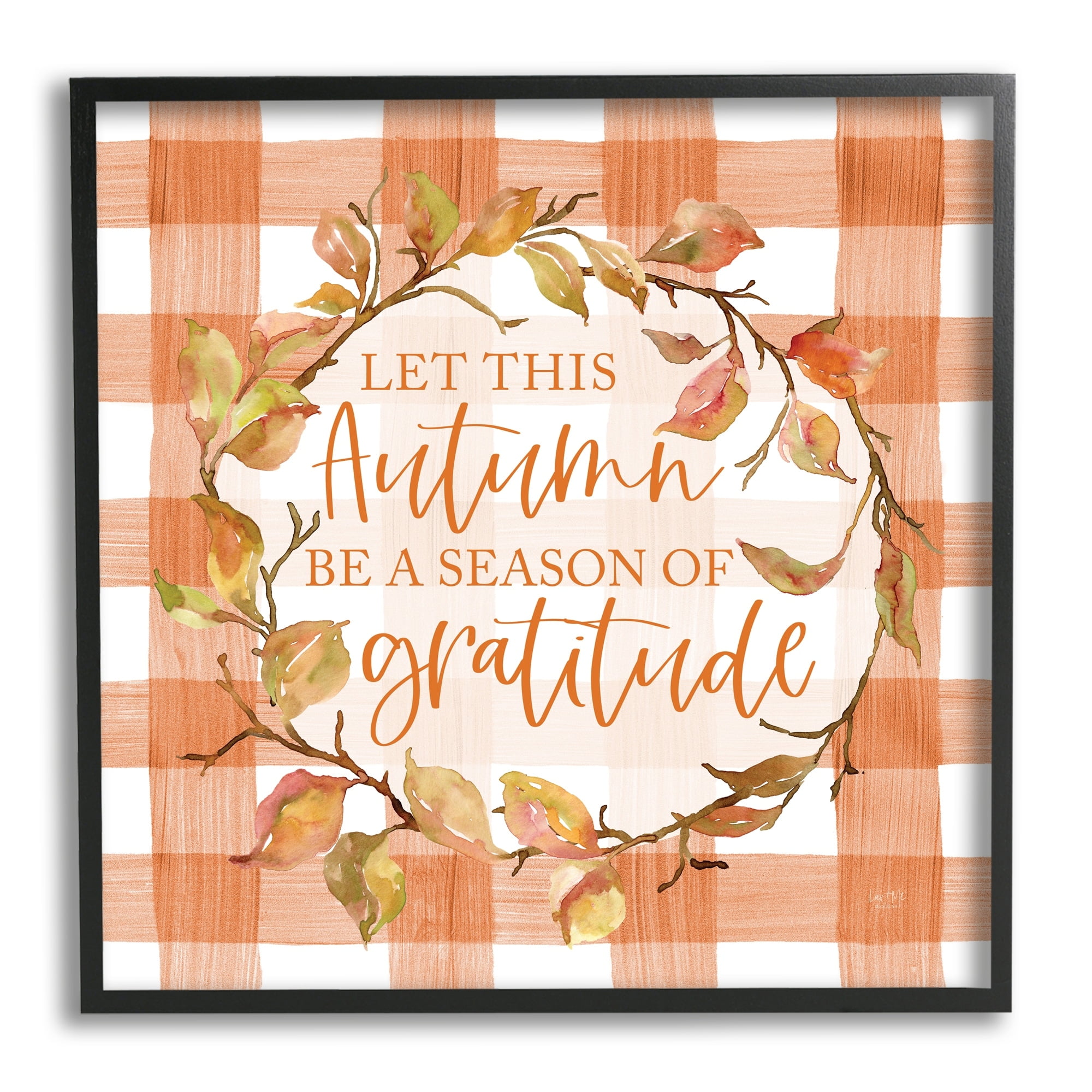 Season Of Gratitude Autumnal Country Plaid Leaf Border Botanical & Floral Graphic Art Framed Art Print Wall Art