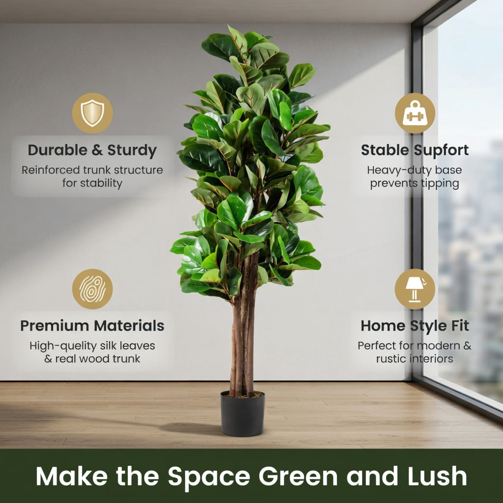 Barara King 5 Feet Artificial Plant with Realistic Green Leaves, Tall Fake Plant, Indoor Home Décor, Artificial Fiddle Leaf Fig Tree Decorative Planter