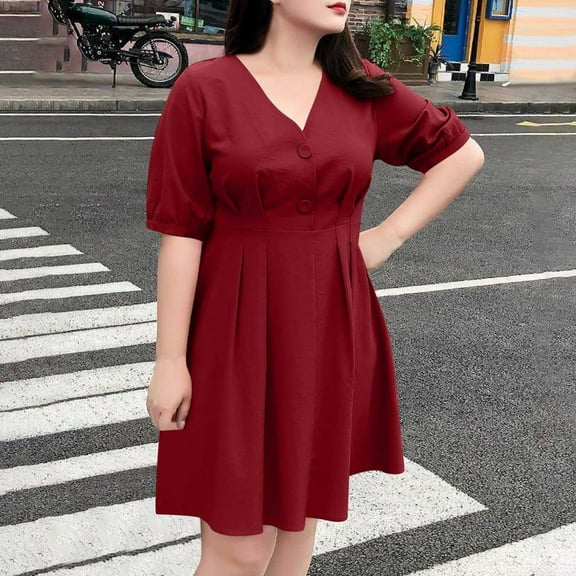 PiGOGI Women's Spring Summer Casual V-Neck Short Sleeve Dress Solid Color Knee Length Vacation Comfortable Wear Red XL