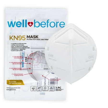WellBefore KN95 Disposable Face Mask | Individually Wrapped 5-Layer Mask - 10 Pack (Small, White)