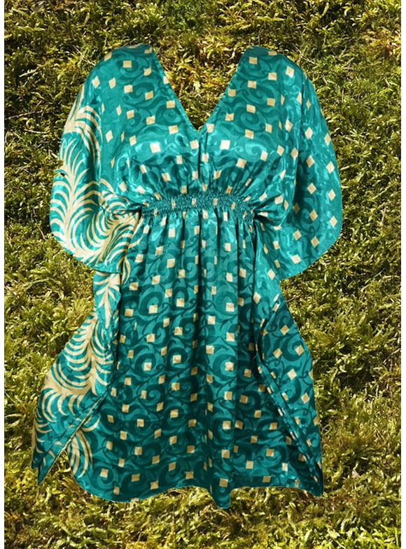 Women's Green, Beige Kaftan, Recycle Silk Tunic Kaftan, SML