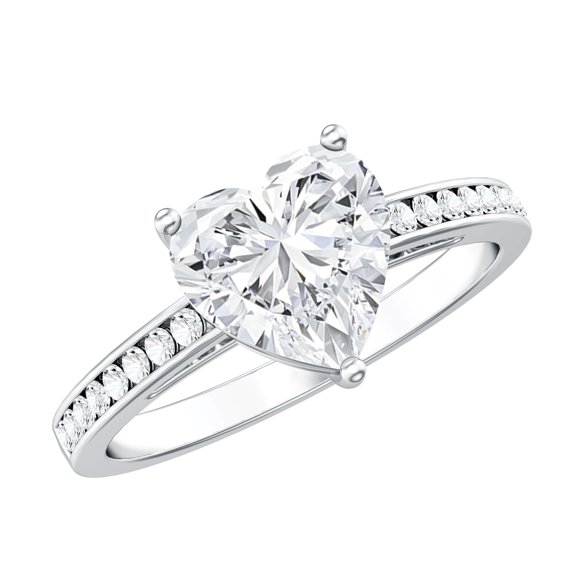 Rosec Jewels Heart Shape Moissanite Engagement Ring with Side Stones - 2 Ct - 8 mm - D-VS1 Grade Certified - with Jewelry Box, 925 Sterling Silver, US 4.00