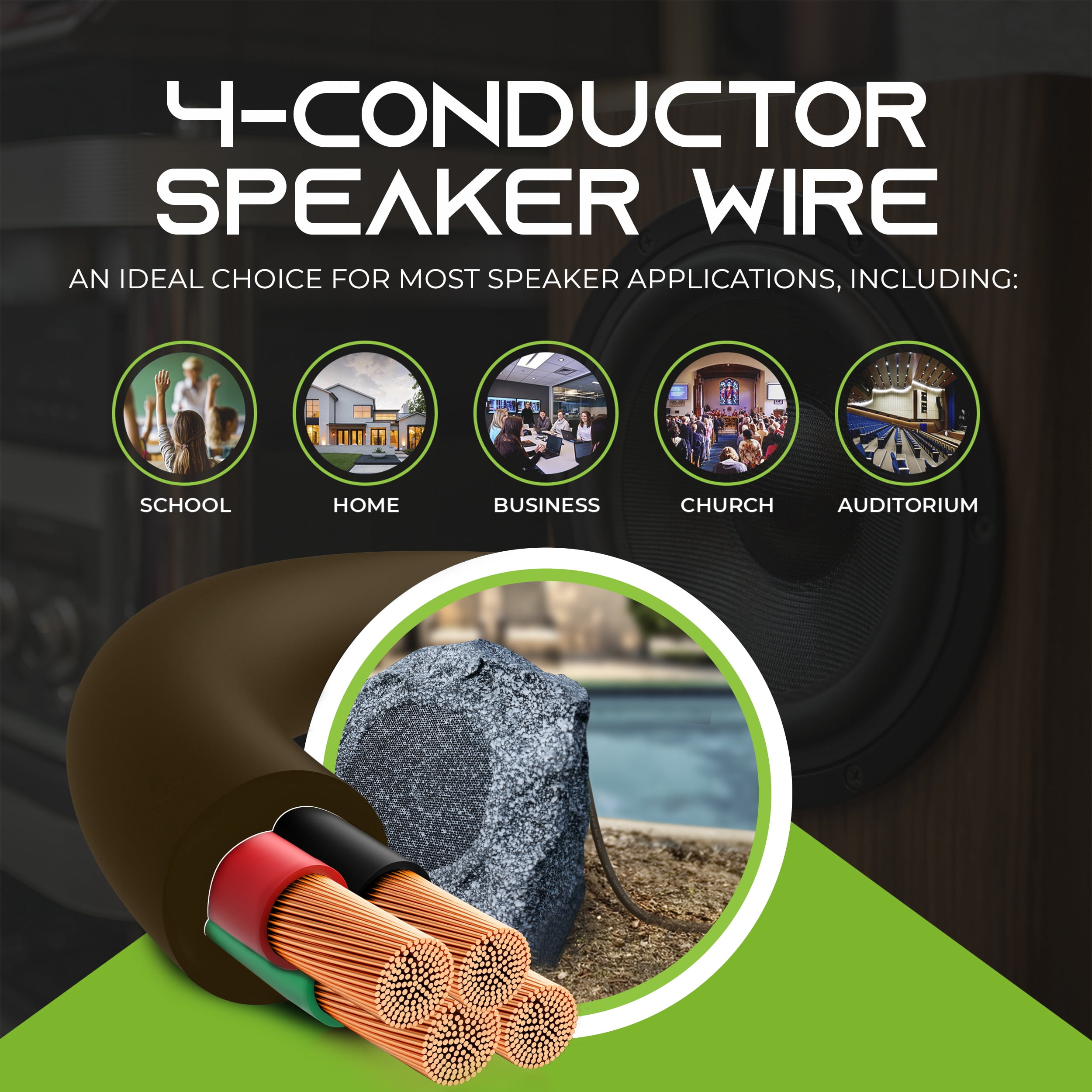 GearIT 14/4 Speaker Wire (100 Feet) 14AWG Gauge, Brown 4-Conductors / Outdoor Direct Burial in Ground / in Wall / CL3 CL2 Rated - OFC Oxygen-Free Copper, Brown 100ft