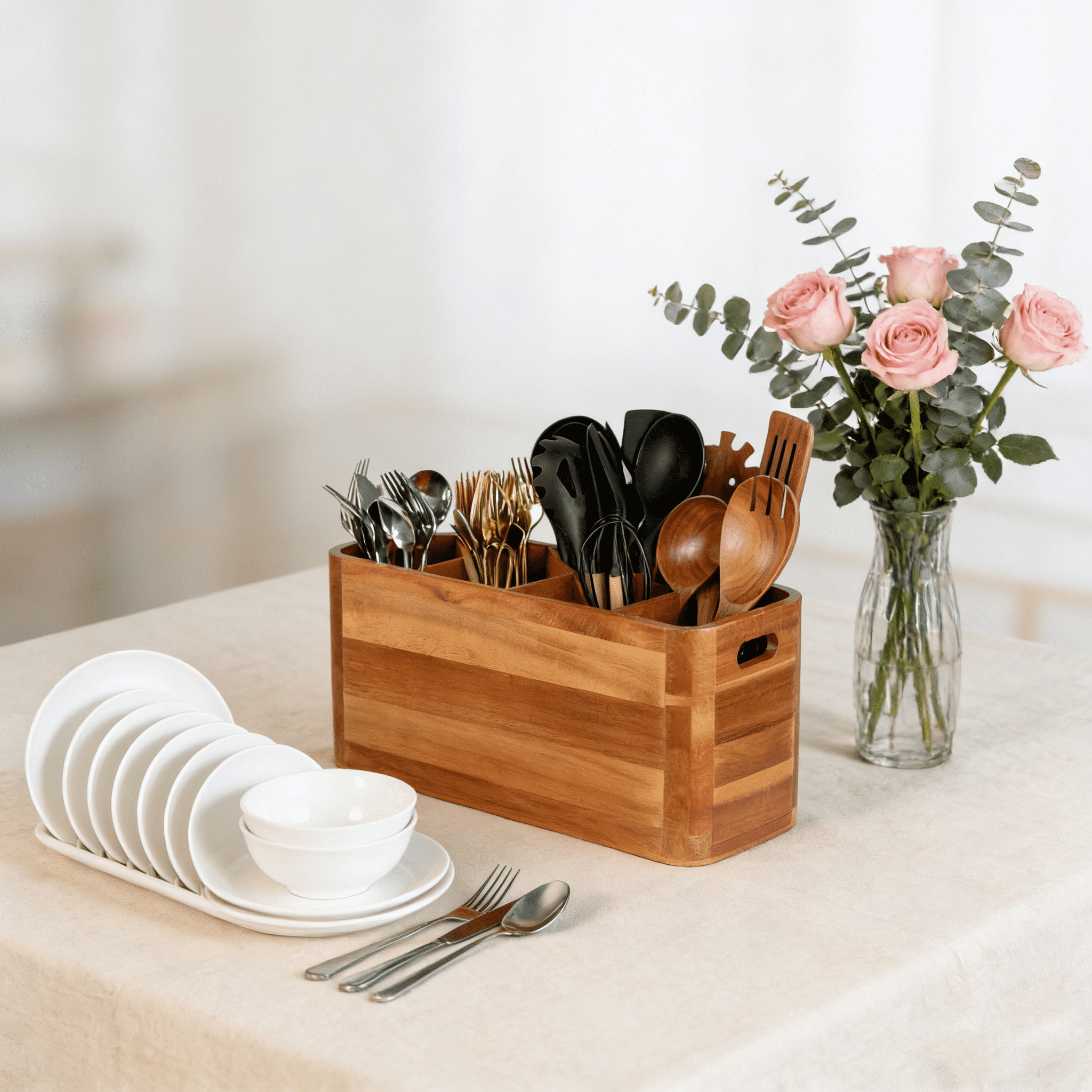 Wooden Utensil Holder for Counter or Countertop, Large Wooden Utensil Holder for Storage Cooking and Silverware with 4 Compartment, Acacia Rustic Wood Container Extra Large