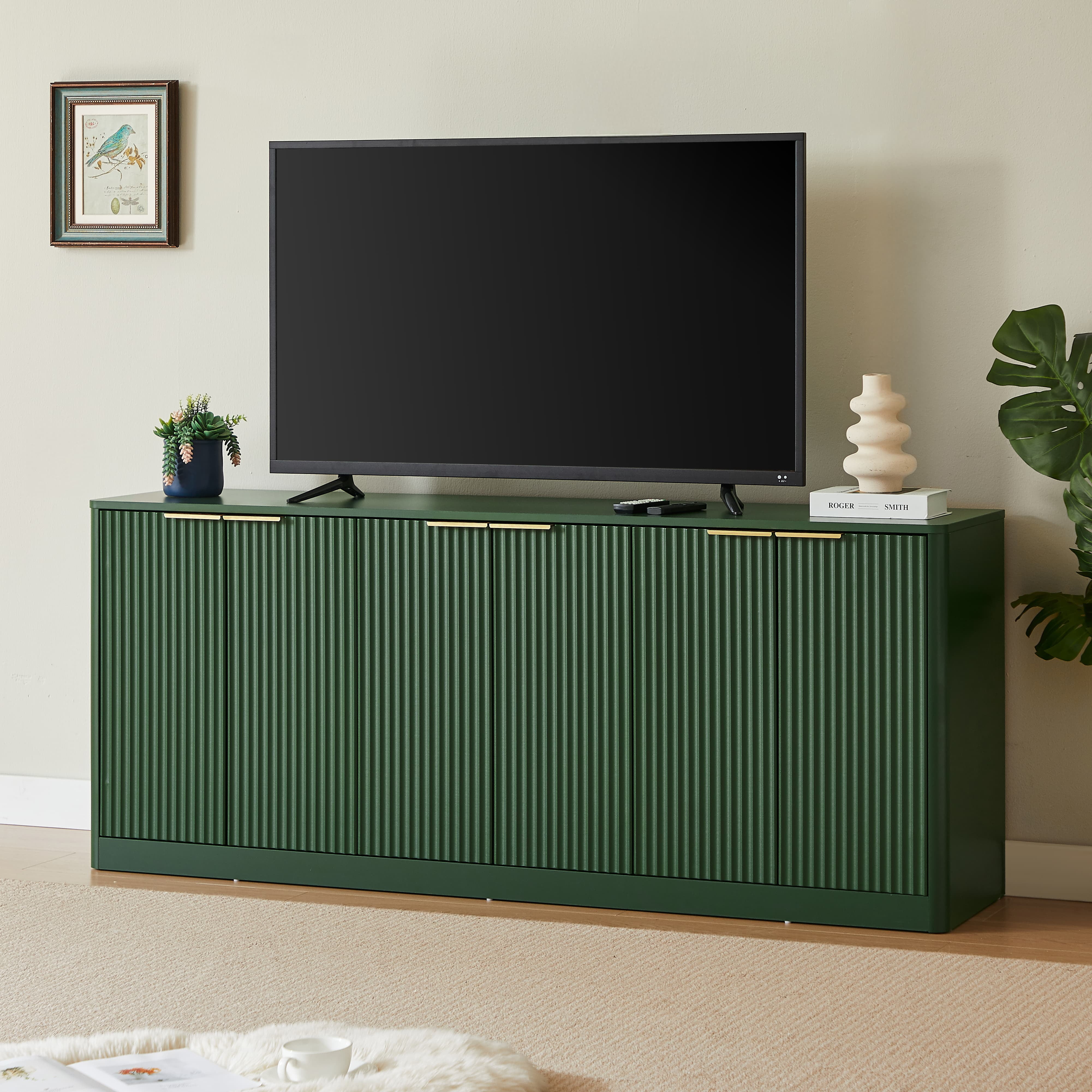 Aukfa 67" Modern Sideboard Cabinet, Wood Storage Credenza & TV Cabinet with 6 Fluted Doors for Living Room/Dining Room,Green