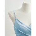 thumbnail image 3 of Blue Satin Bodycon Dress With Pearl-Embellished Spaghetti Straps, Crossover Neckline, Ruched Waist And Side Slit, 3 of 5