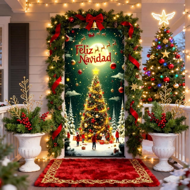 pstuiky Cubierta navideña para puerta de 35 x 72 pulgadas, cortina navideña para puerta, decoración navideña para puerta y pared, decoración para fiestas y festivales