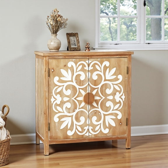 GZXS Farmhouse Boho Accent Cabinet with Floral Carved Doors, 25.2"W Decorative Storage Buffet Sideboard for Living Room, Entryway & Hallway (Antique Brown)