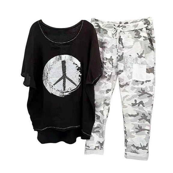 TIHLMK Pullover Set for Women Women's Print Crewneck Half Sleeve Pullover Shirt Tops Pants Trousers Set Gifts for Women