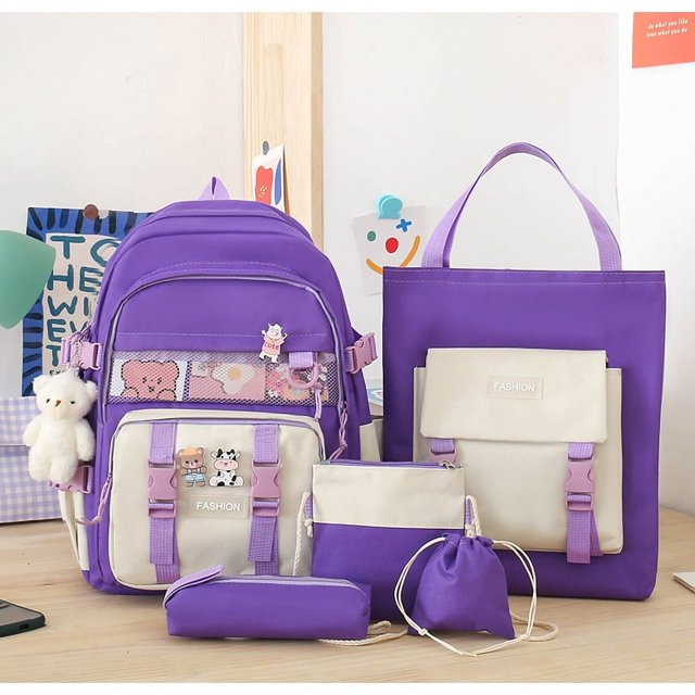 Conjunto de cinco piezas de mochila para estudiantes de secundaria de gran capacidad con combinación de colores de estilo coreano para niñas