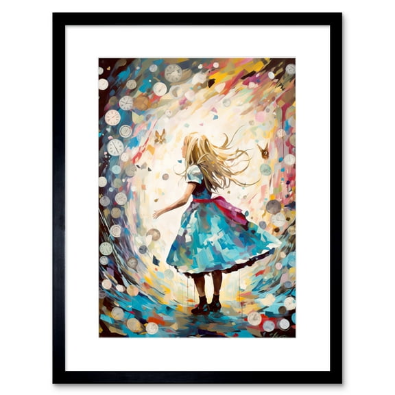 Alice in Wonderland Clocks Down the Rabbit Hole Artwork Framed Wall Art Print 9X7 Inch
