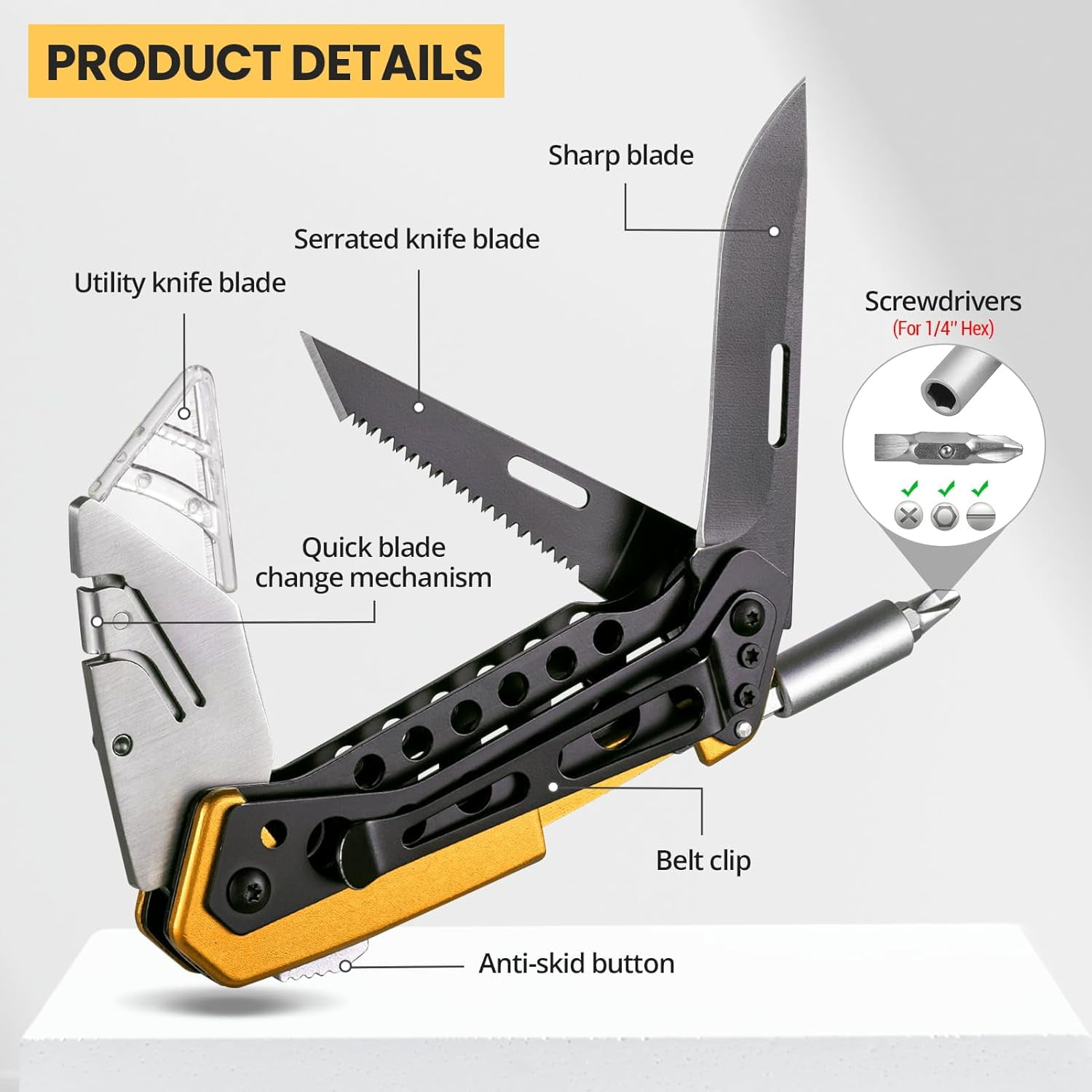 Folding Utility Knife, Box Cutter Knife, Razor Work Knives, 6 in 1 Utility Knives Multitool with 5 Razor Blades, Screwdriver, Saw, Belt Clip Safe Lock, EDC Gadgets Gifts for Men Women, Yellow