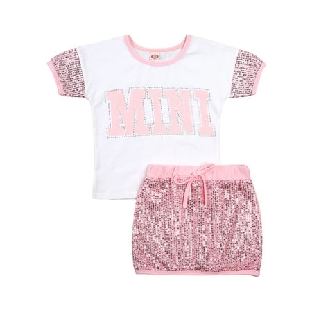 

Dewadbow Toddler Baby Girls Sequins Letter T-Shirts Sequins Skirt Outfits