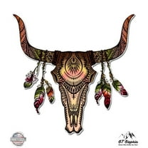 Bull Skull with Feathers Native American Theme - 3" Vinyl Sticker - For Car Laptop I-Pad Phone Helmet Hard Hat - Waterproof Decal