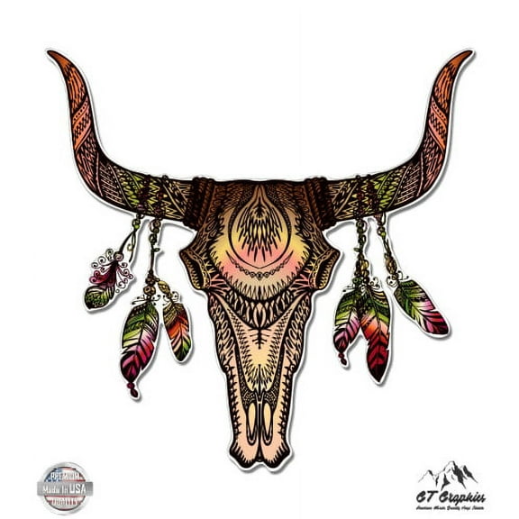 Bull Skull with Feathers Native American Theme - 3" Vinyl Sticker - For Car Laptop I-Pad Phone Helmet Hard Hat - Waterproof Decal