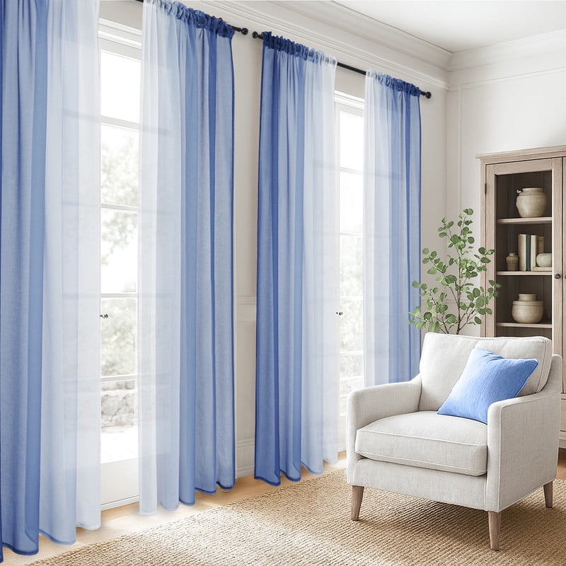 Topfinel Blue Faux Linen Ombre Sheer Curtains,Semi Voile Gradient Rod Pocket Curtains for Bedroom and Living Room, Set of 2 Window Curtain Panels, 54 x 96 Inch Long
