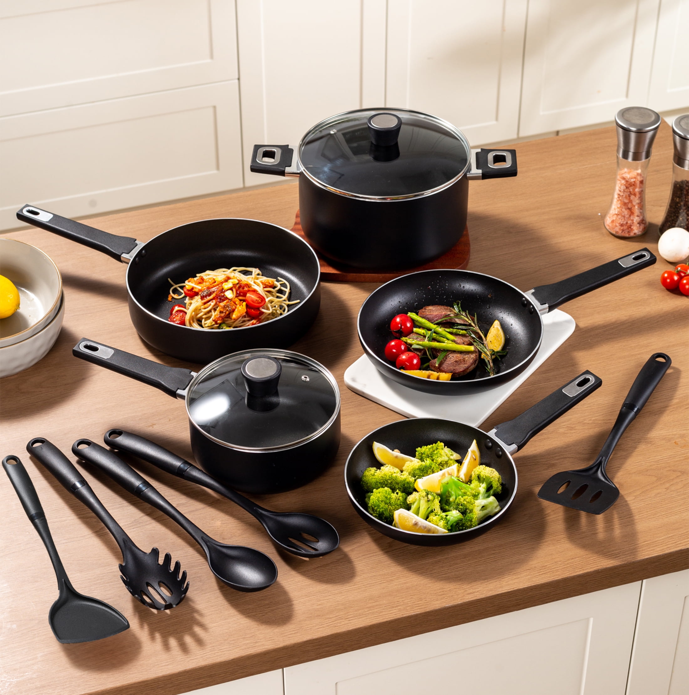 Mainstays 13 Piece Nonstick Aluminum Alloy, Pots and pans Cookware Set, Black