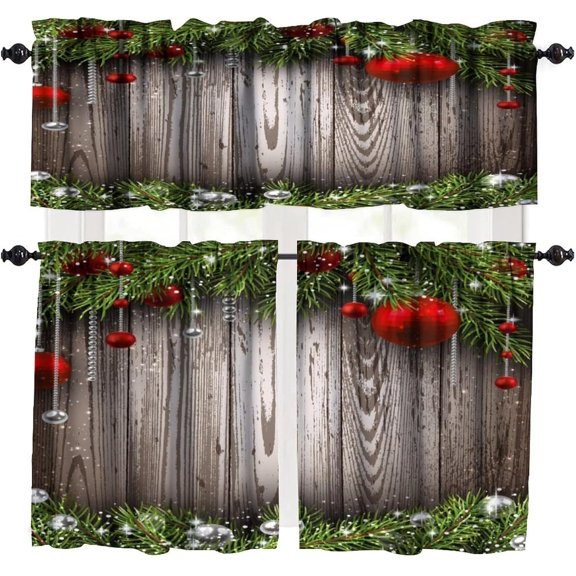 Merry Christmas Valance Curtains,Xmas Baubles Snowflakes Pine Trees Decors Xmas Holiday Theme Print Small Window Treatments For Kitchen Living Room Decor Rod Pocket Valances 54x18 & 27x24x2, 3 Panel