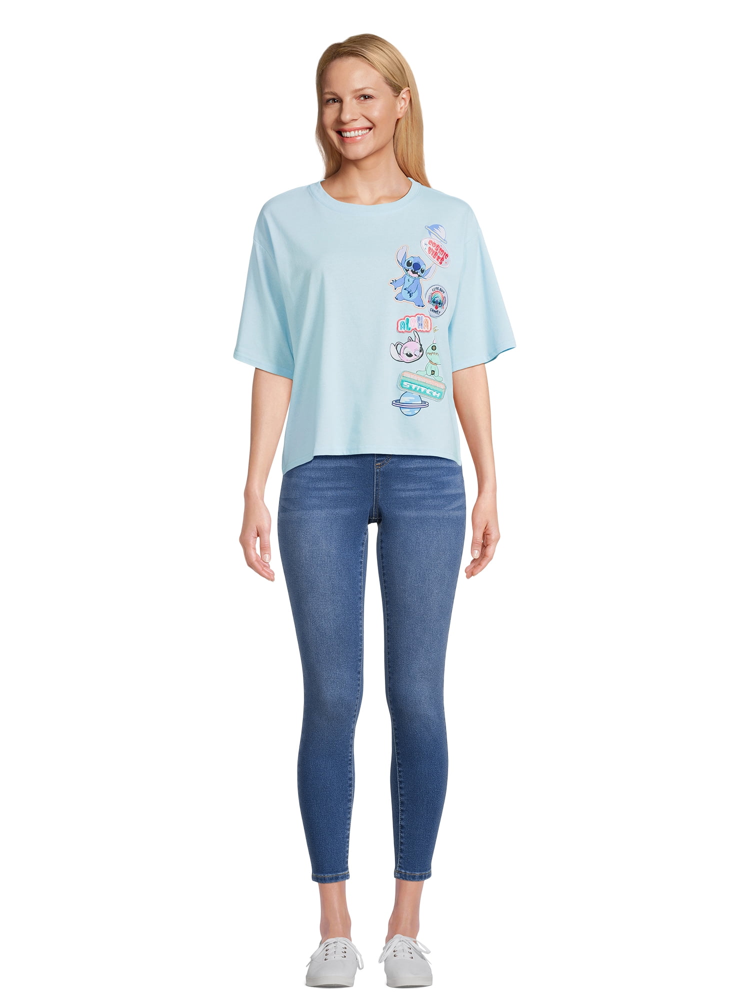 Stitch Women’s Multi Patch Graphic Tee with Short Sleeves, Sizes XS-XXXL
