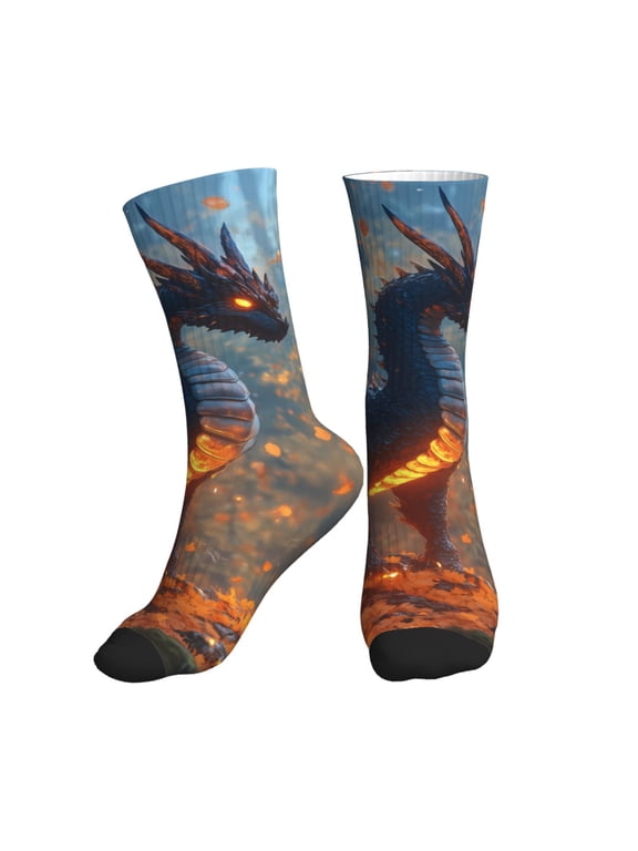 Crew Socks for Women Men Athletic - Autumn Maple Leaf Fire Dragon A Soft Comfort Breathable Mid-Calf Sole Running Socks Womens Men