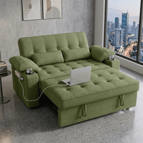 Howcool 58'' Convertible Sofa Bed with Pull-Out Bed, 3-in-1 Loveseat Sleeper Sofa, Adjustable Backrest, USB Port, Cup Holders and Side Pocket, Sofa Couch for Living Room,Green