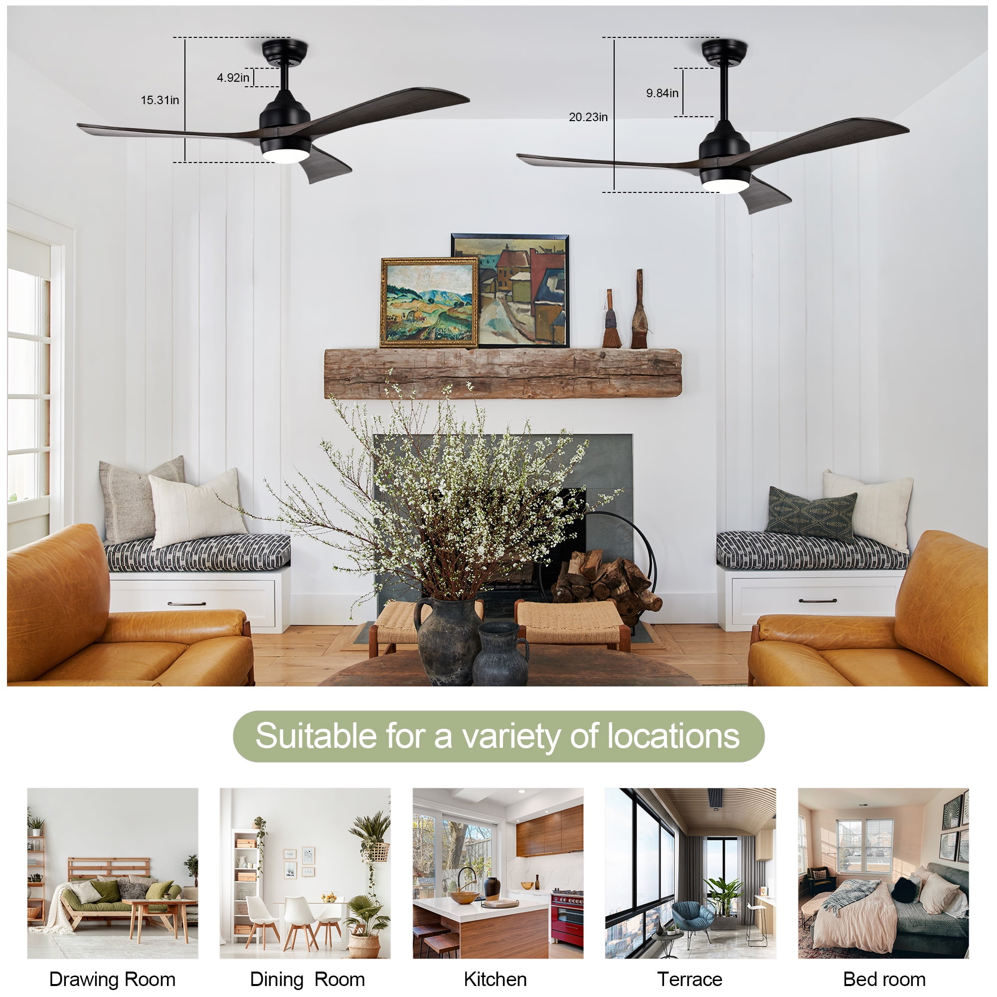 Ceiling Fan with Light, 52 Inch Solid Wood Blade Quiet Fan for Home Office Living Room, Matte Black