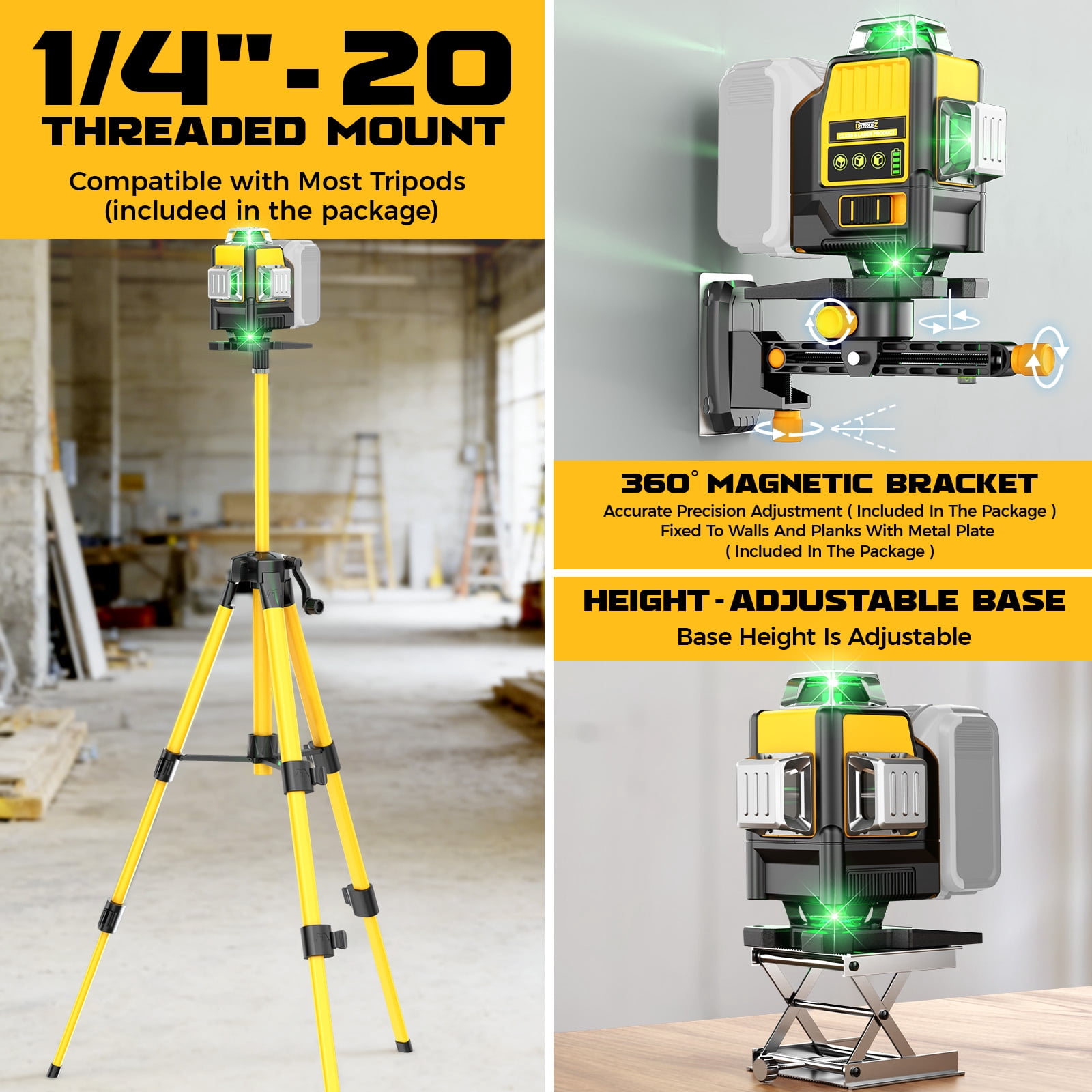 Laser Level with Tripod Compatible with 20V Battery, 4D Green 16-Line 4x360° Self Leveling Lazer Leveler Tool for Construction, Floor Tile, Home Renovation, Indoor Use, NO Battery