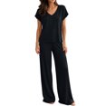 thumbnail image 2 of BRELIL Women's Two Piece Lounge Set V Neck Short Sleeve Tee Wide Leg Pants Casual Matching Outfits Solid Basic Tracksuit for Travel Fall Vacation, Black M, 2 of 6