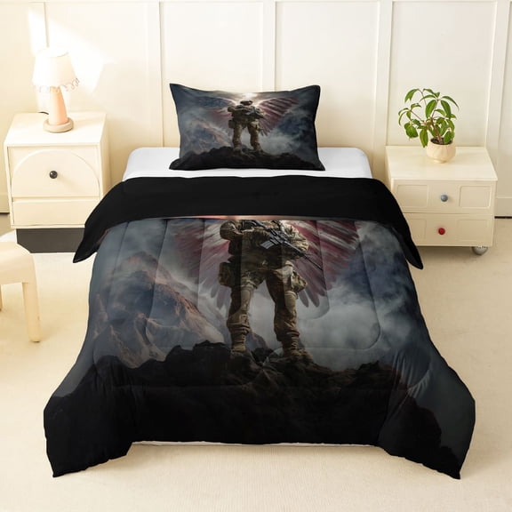 Manfei Vintage American Flag Wings Twin Comforter Sets,Patriotic Soldier Bedding Set,Navy,Black Reversible,2 Pieces,1 Comforter and 1 Pillowcase