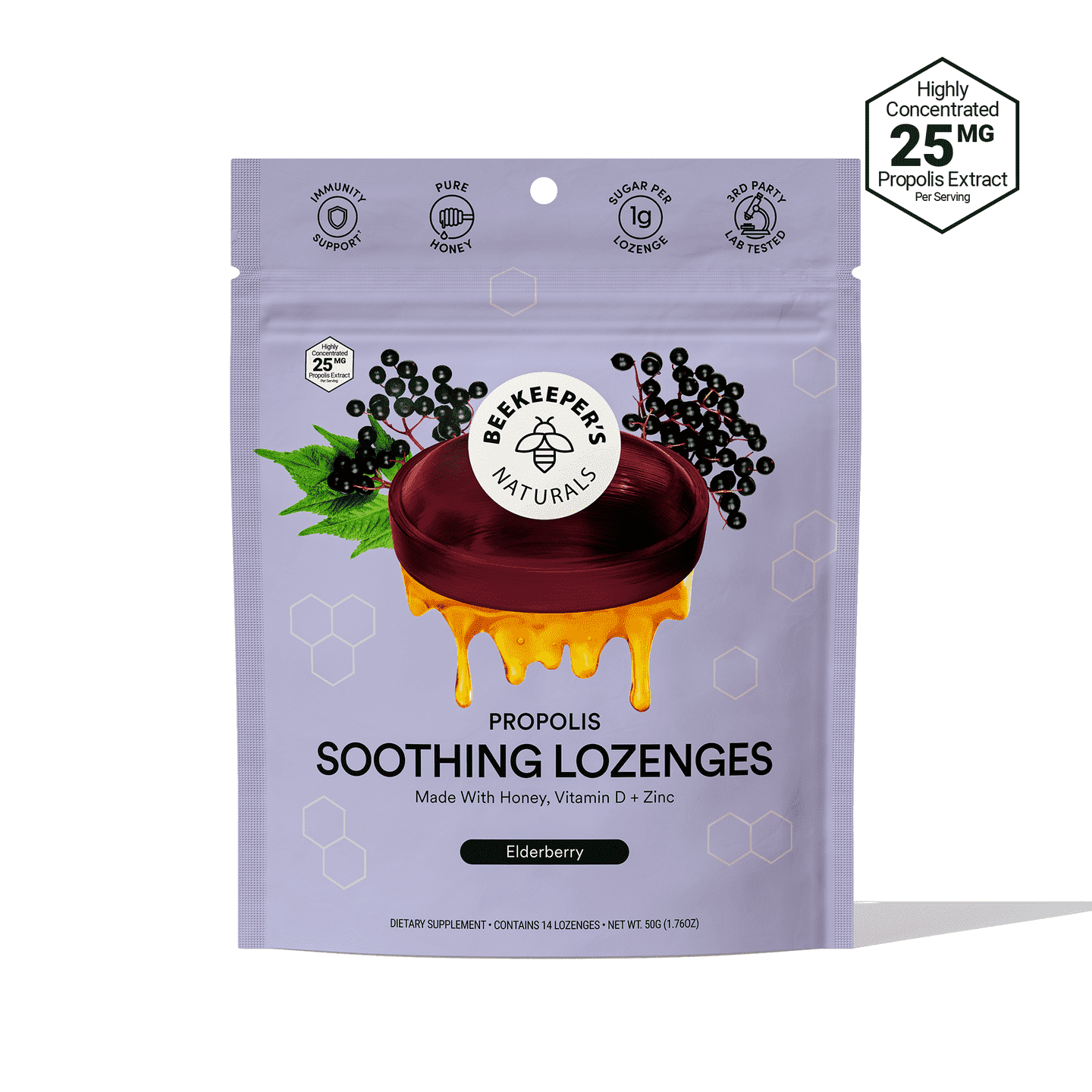 Beekeeper's Naturals Soothing Honey Elderberry Cough Drops Immune Support with Vitamin D, Zinc and Propolis Throat Soothing Lozenges, 14 Ct