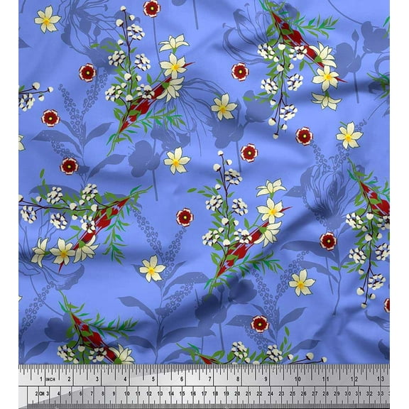Soimoi Blue Cotton Duck Fabric Leaves,Primrose & Cottonball Flower Print Fabric by Yard 42 Inch Wide