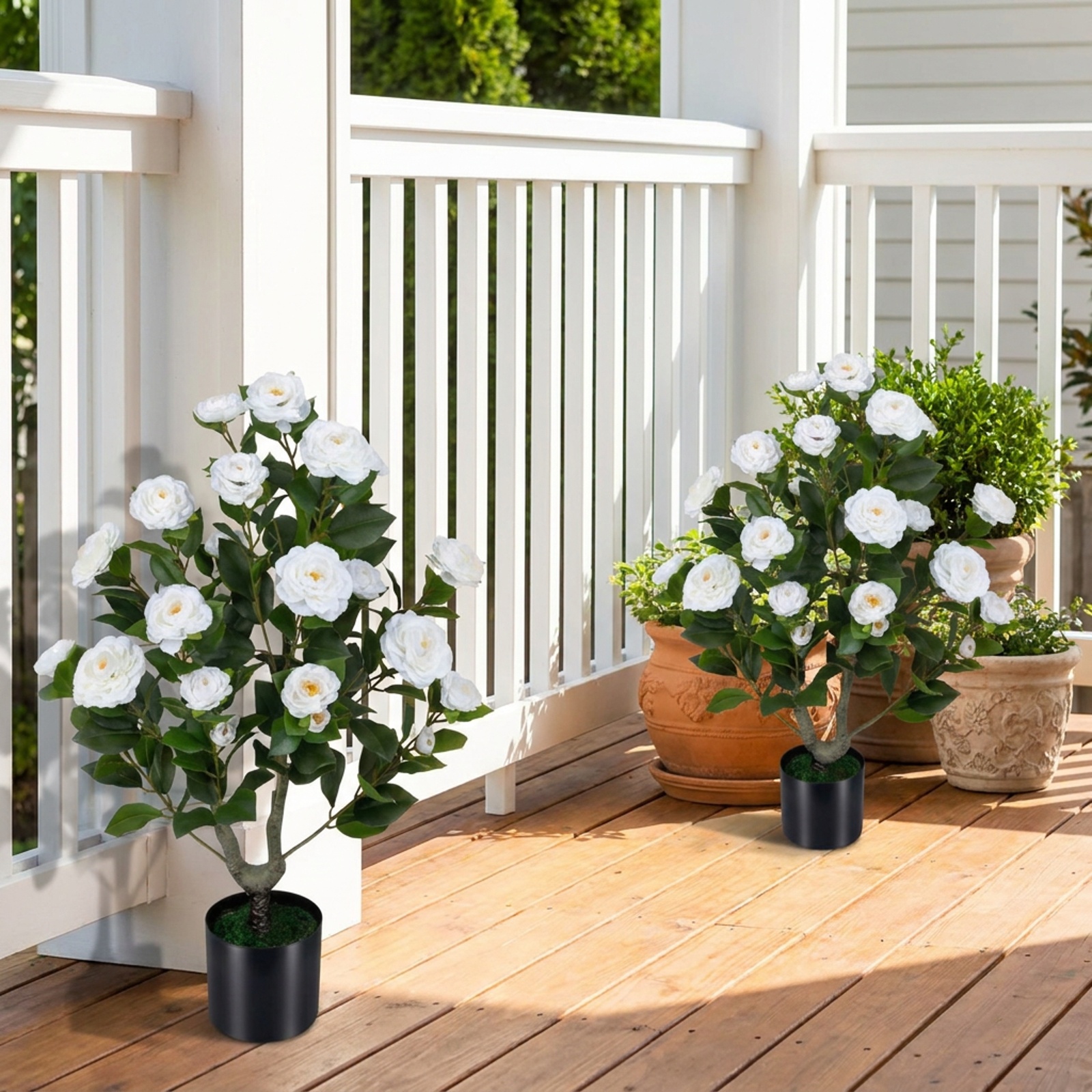 Vebreda Artificial Plant Decor, 2-Pack Artificial Camellia Tree Faux Flower Plant in Cement-Filled Pot, Lifelike & Elegant Design