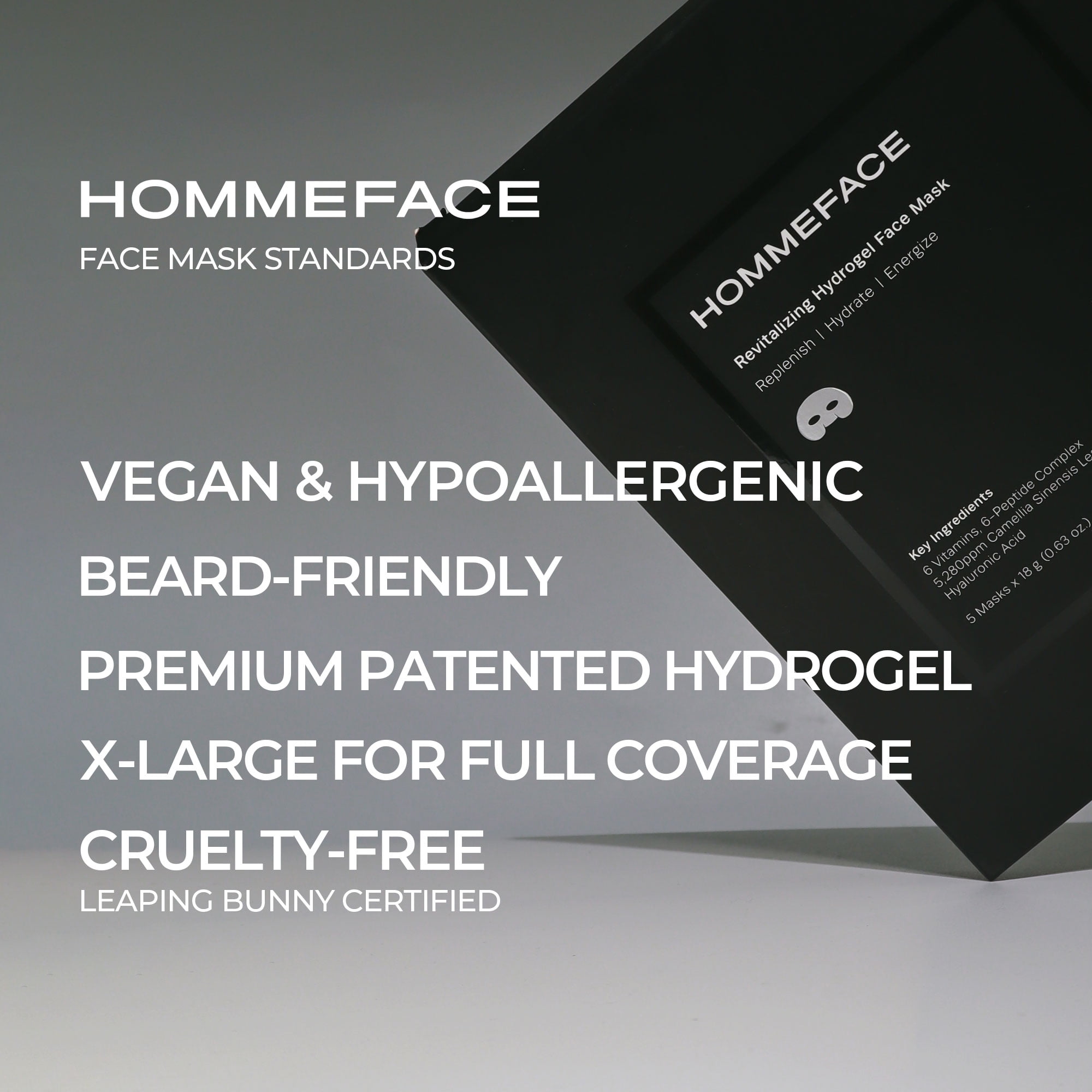 HOMMEFACE Revitalizing Hydrogel Facial Sheet Mask for Men, Hydrating, Anti-Aging, Soothing, with Hyaluronic Acid, Vitamins, Peptides, Beard-Friendly, 5 Count