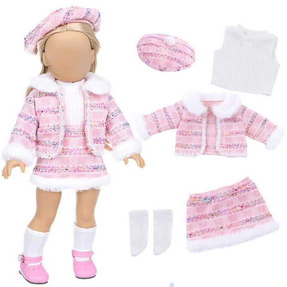 Darzheoy Winter Outfit for 18in Doll Clothes Soft Plaid Coat Set with Beret Hat Girl Doll Winter Fashion Cozy Doll Wardrobe for Cold Weather