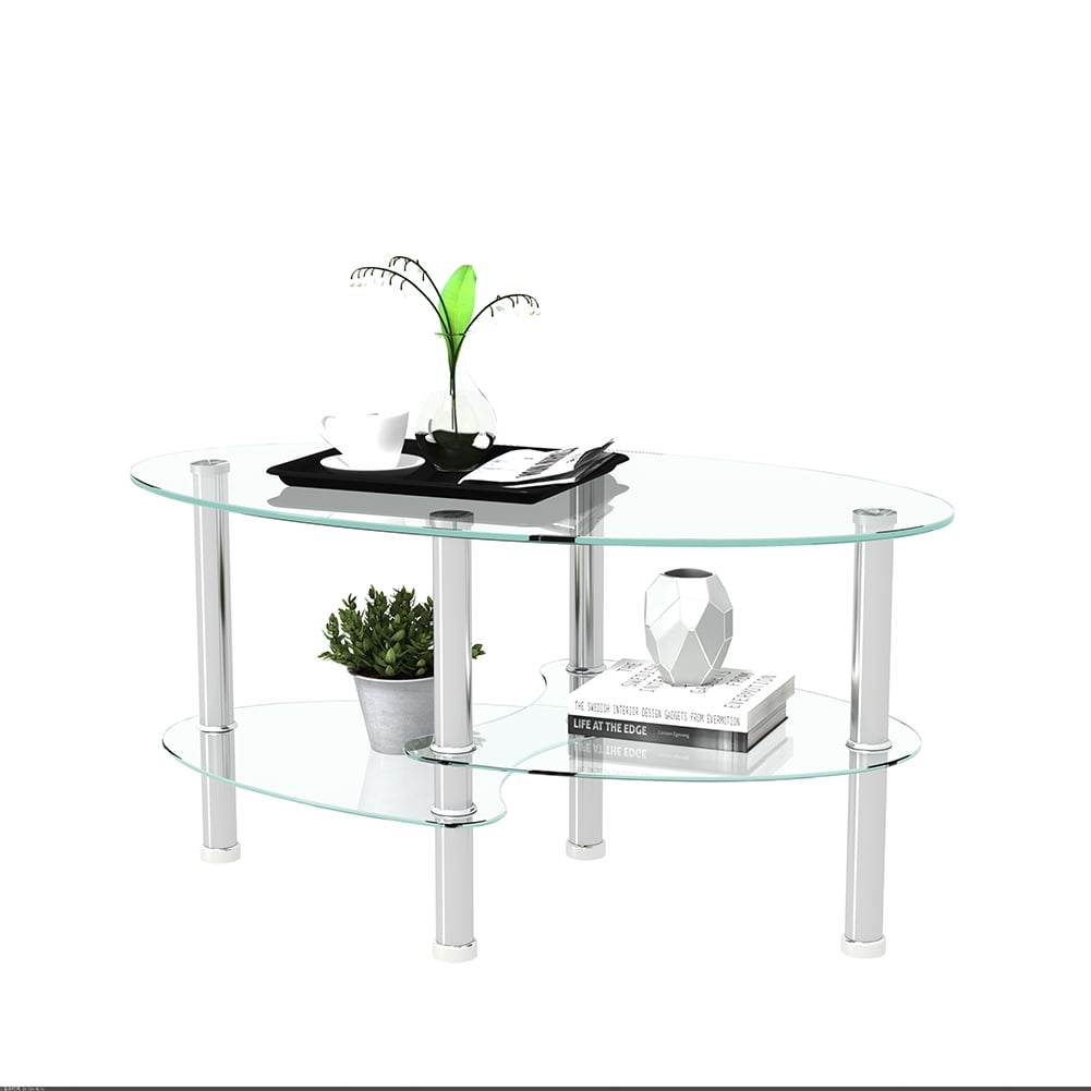 Kadyn Glass Coffee Table, Transparent Oval Tea Table with Stainless Steel Leg, 3-layer Glass Table for Living Room Kadyn Glass Coffee Table, Transparent Oval Tea Table with Stainless Steel Leg, 3-layer Glass Table for Living Room