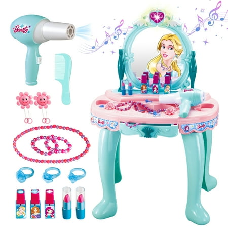Beefunni Kids Vanity Set with Light and Sounds, Pretend Play Girls Makeup Vanity Table Set with Mirror, Birthday Christmas Gift for Toddlers Girls 3 4 5 6 Years Old (Blue)