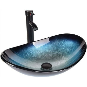 ELECWISH Bathroom Vessel Sink, Boat Shape Sink for Bathroom with Faucet, Glass Sink with Pop up Drain Set Red
