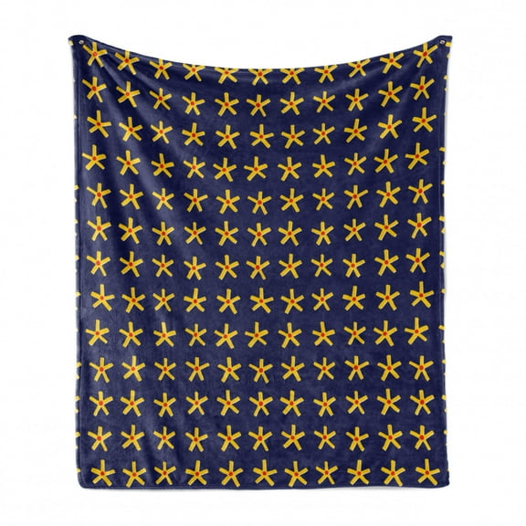 Abstract Soft Flannel Fleece Throw Blanket, Continuous Pattern of Prehistoric Style Stars with Dots Graphic, Cozy Plush for Indoor and Outdoor Use, 70" x 90", Indigo Yellow, by Ambesonne